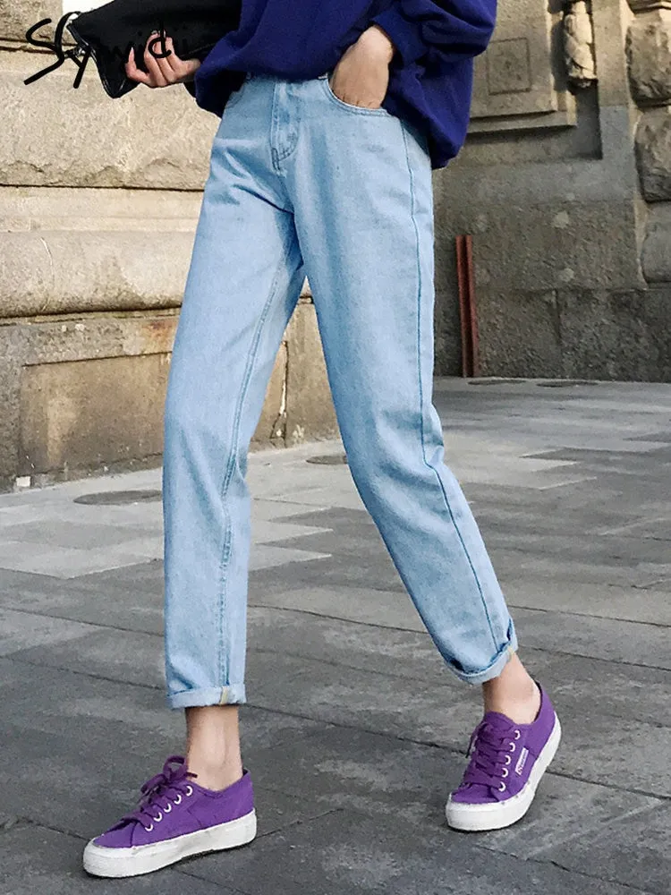 Jeans for Women High Waist Casual Black Streetwear Denim Pants Beige Blue
