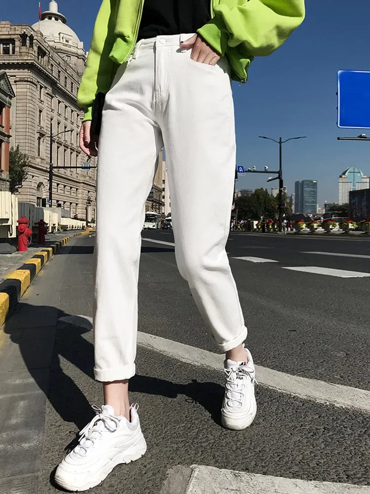 Jeans for Women High Waist Casual Black Streetwear Denim Pants Beige Blue