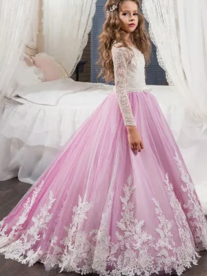 Jewel Neck Lace Long Sleeves Ankle Length Ball Gown Embroidered Kids Pageant flower girl dresses