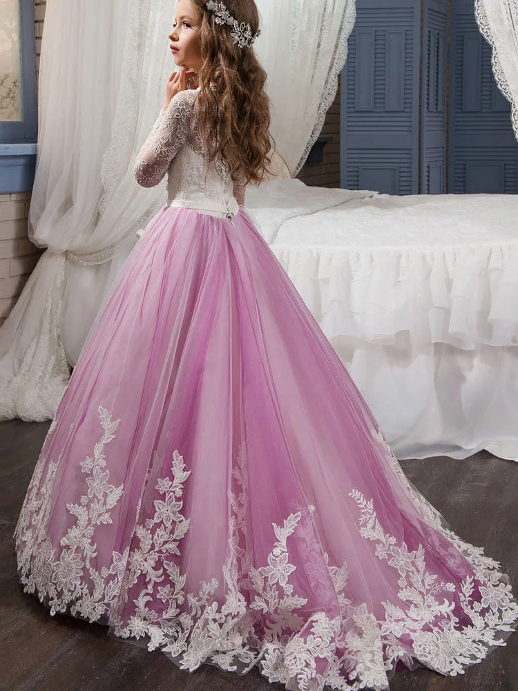 Jewel Neck Lace Long Sleeves Ankle Length Ball Gown Embroidered Kids Pageant flower girl dresses