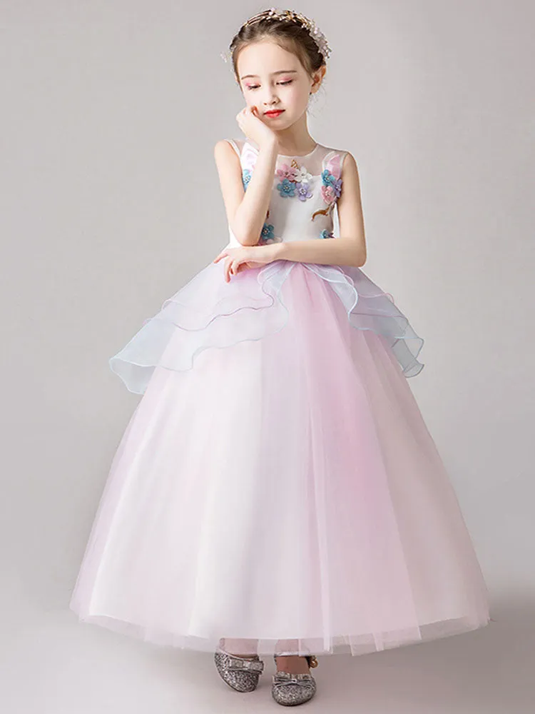 Jewel Neck Sleeveless Flowers Kids Party Dresses