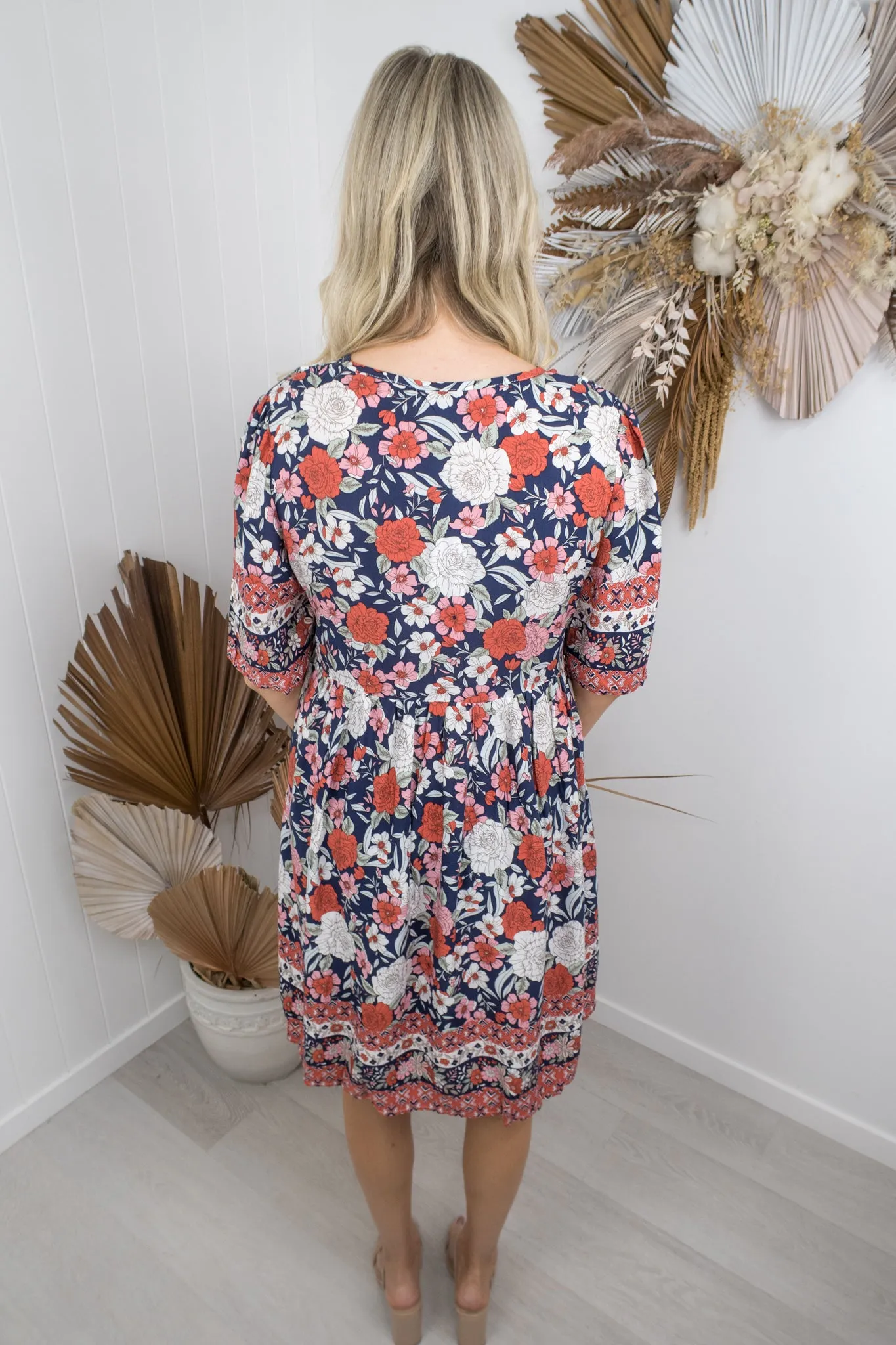 Joelene Dress -Navy/pink/red