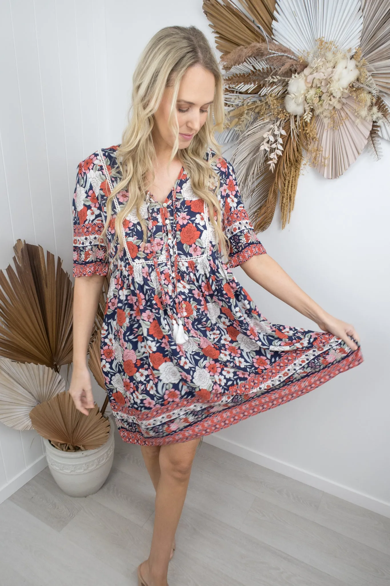 Joelene Dress -Navy/pink/red