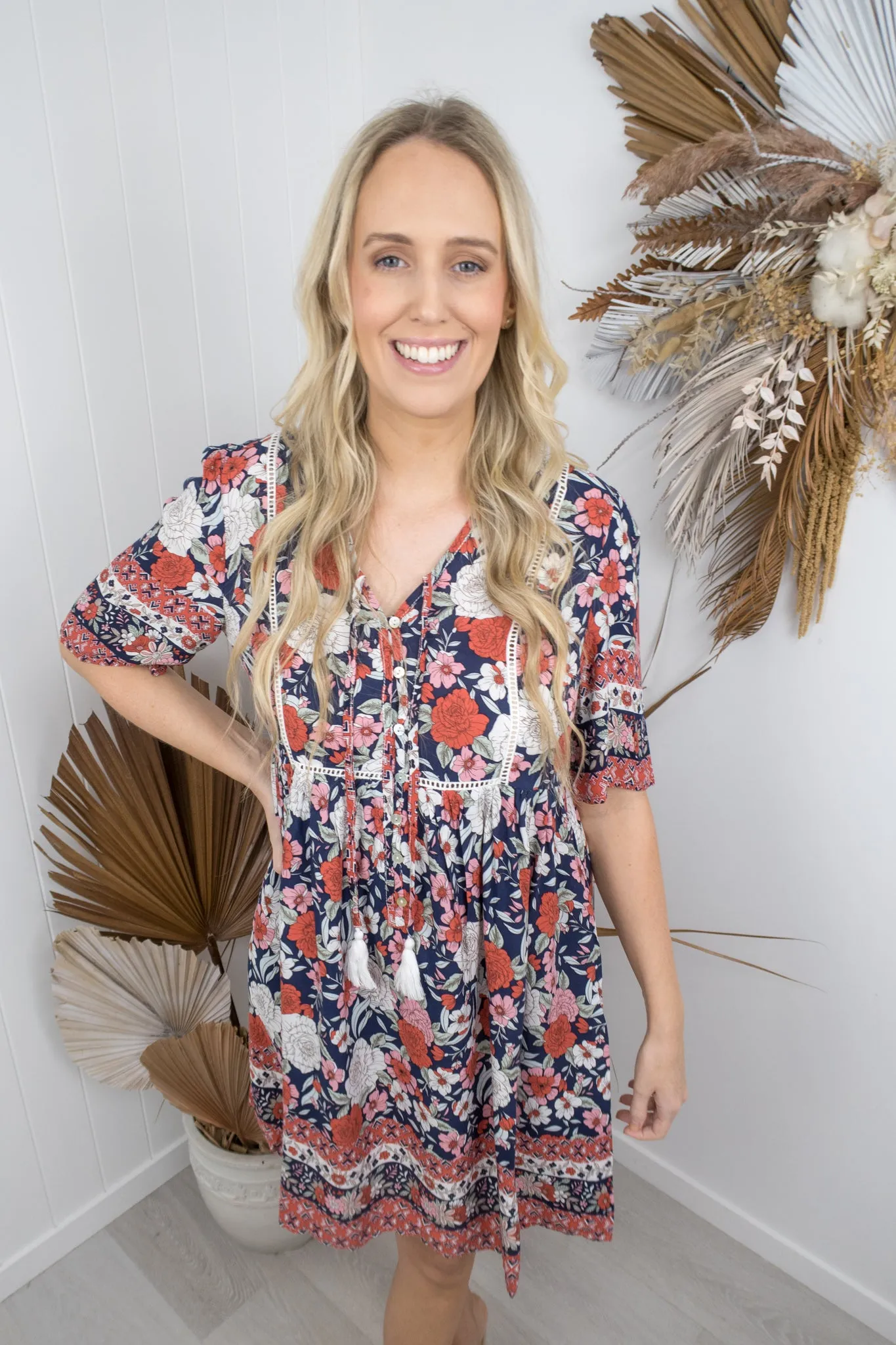 Joelene Dress -Navy/pink/red