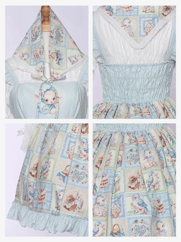 JSK Sheep Bird Cake Print Light Blue Sweet Lolita Dress Polyester Sleeveless Sweet Lolita Dress