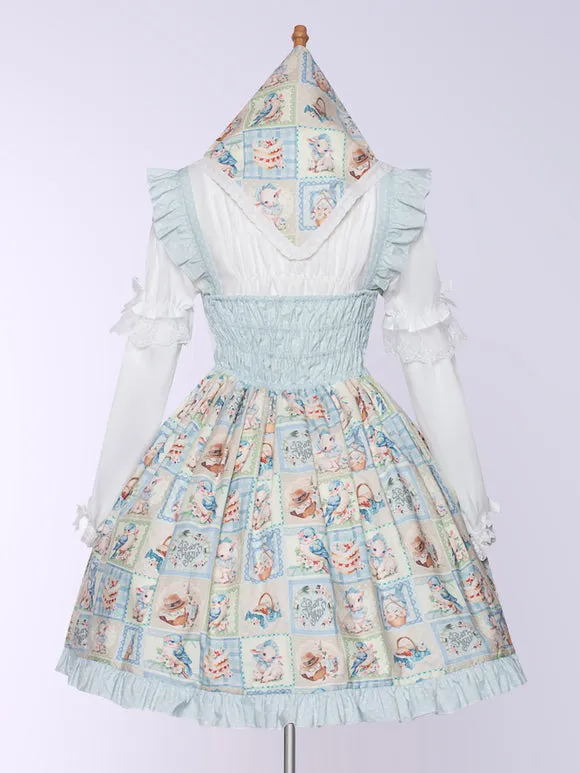 JSK Sheep Bird Cake Print Light Blue Sweet Lolita Dress Polyester Sleeveless Sweet Lolita Dress