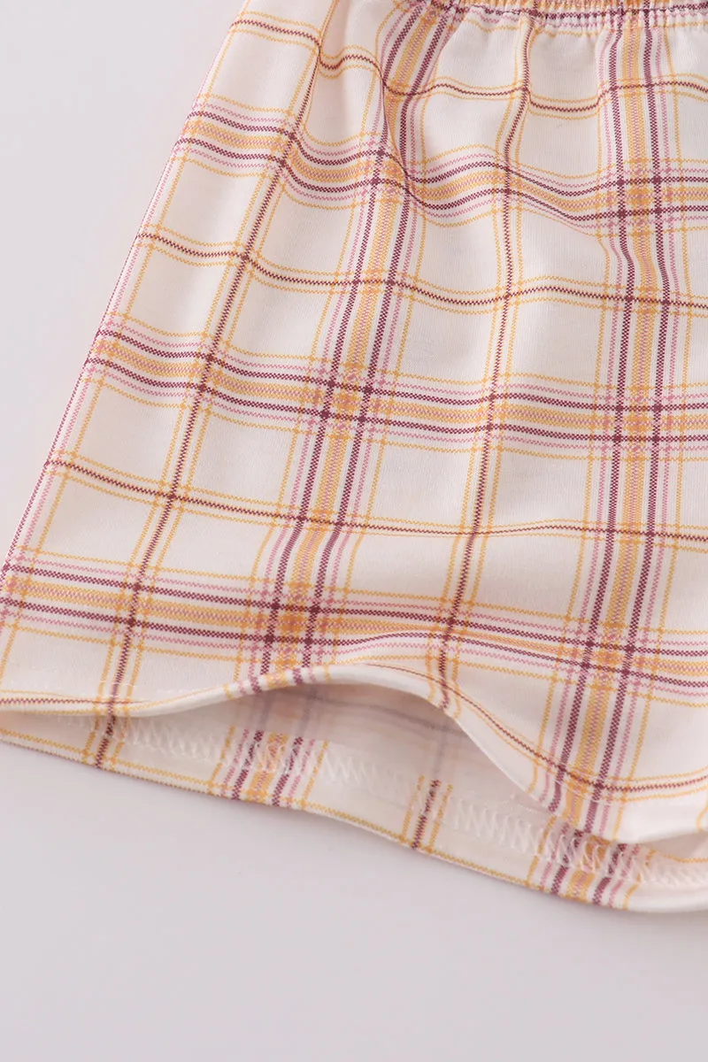 Khaki farm embroidery smocked plaid shorts set
