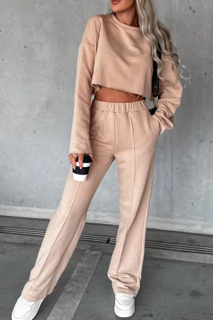 Khaki Long Sleeve Distressed Crop Top Wide Leg Pants Outfit