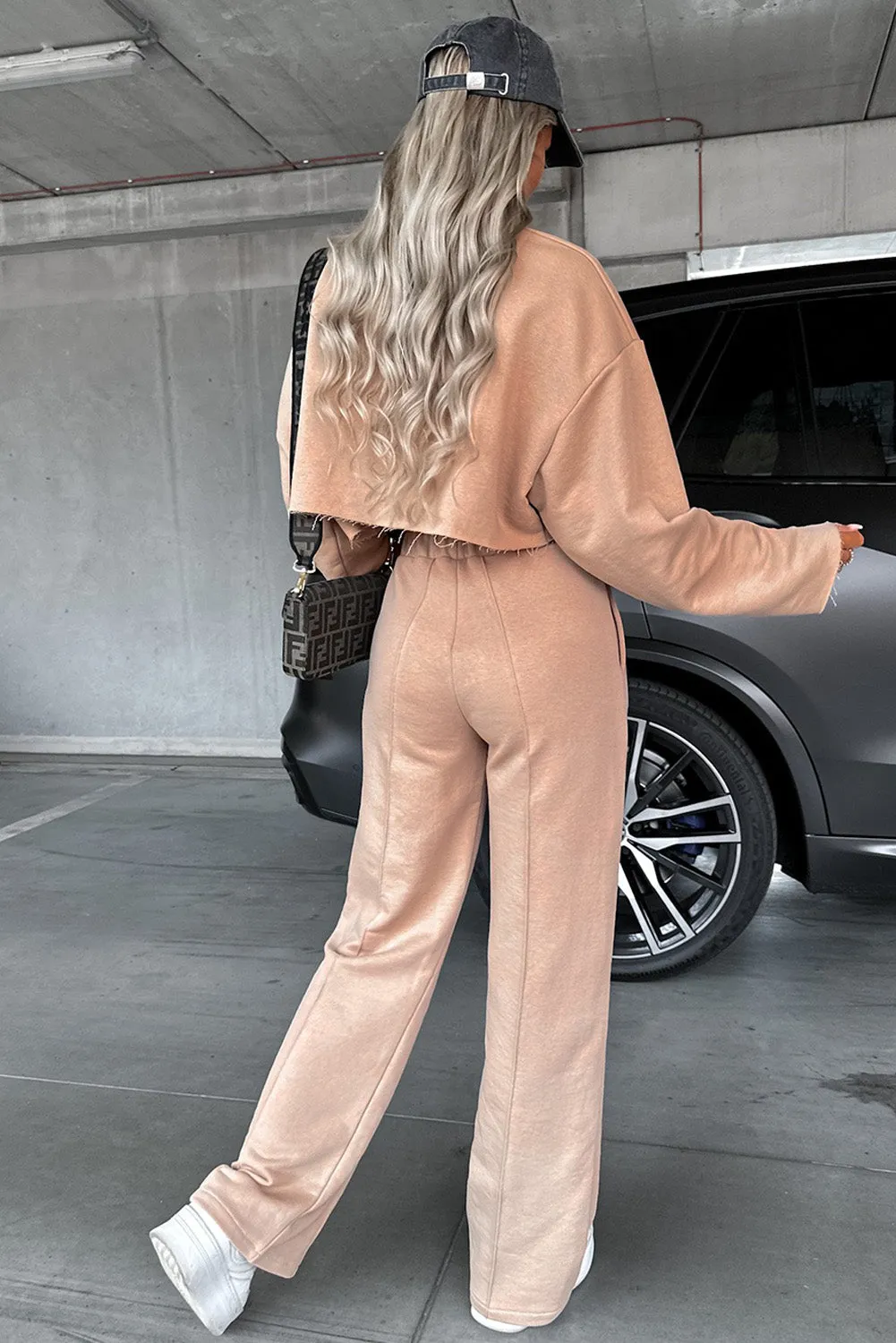 Khaki Long Sleeve Distressed Crop Top Wide Leg Pants Outfit