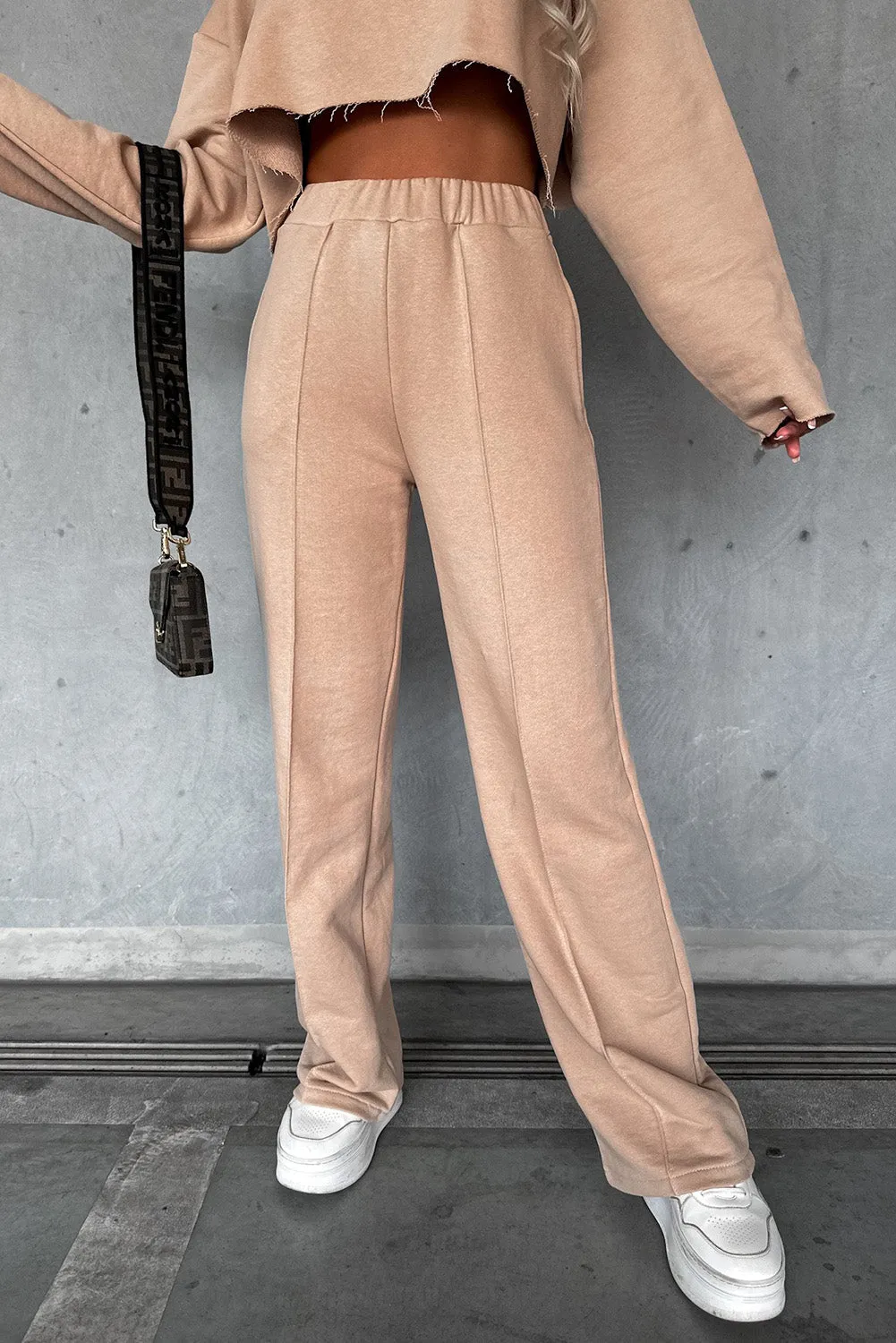 Khaki Long Sleeve Distressed Crop Top Wide Leg Pants Outfit