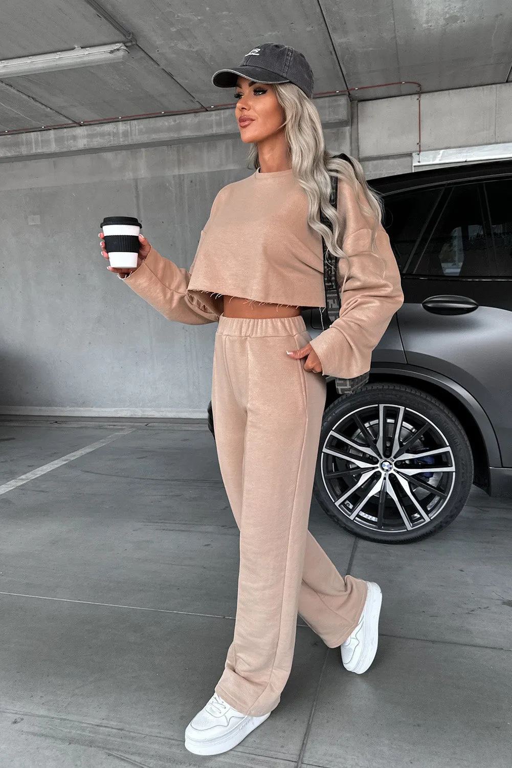 Khaki Long Sleeve Distressed Crop Top Wide Leg Pants Outfit
