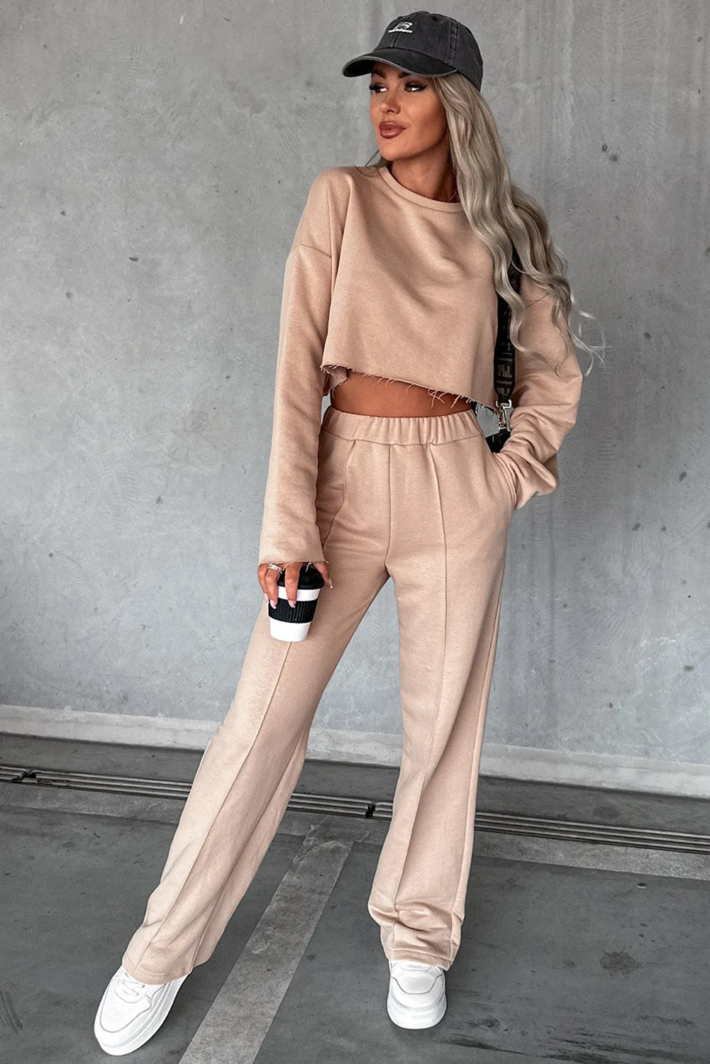 Khaki Long Sleeve Distressed Crop Top Wide Leg Pants Outfit