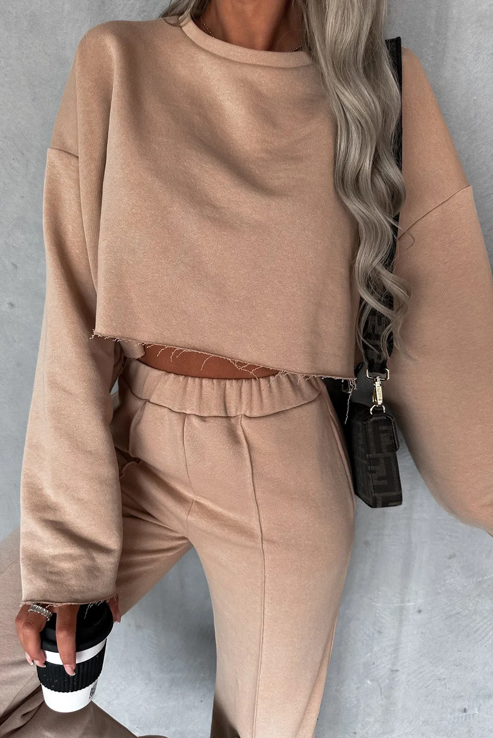 Khaki Long Sleeve Distressed Crop Top Wide Leg Pants Outfit