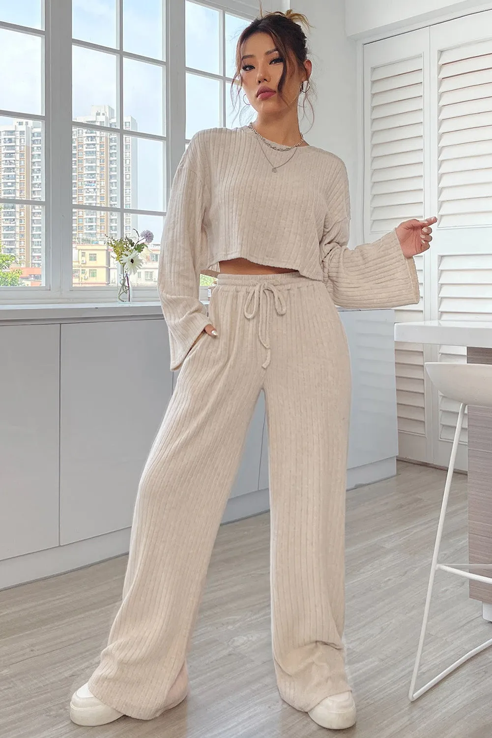 Khaki Ribbed Knit Bell Sleeve Crop Top Drawstring Pants Set