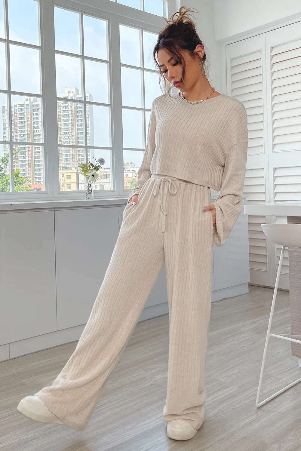Khaki Ribbed Knit Bell Sleeve Crop Top Drawstring Pants Set