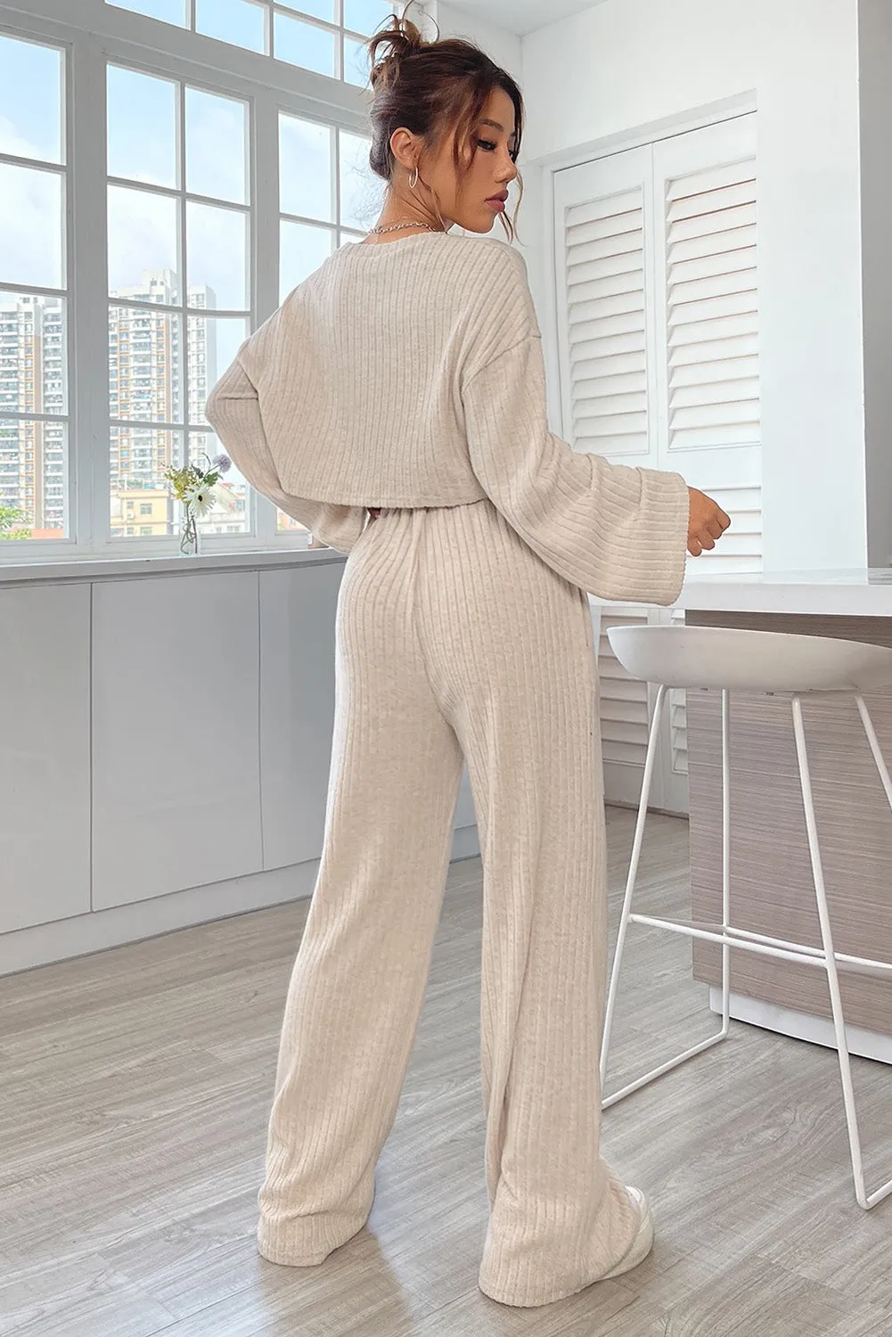 Khaki Ribbed Knit Bell Sleeve Crop Top Drawstring Pants Set