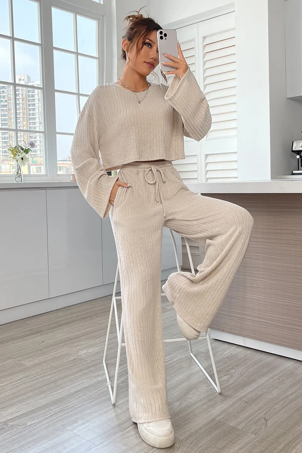 Khaki Ribbed Knit Bell Sleeve Crop Top Drawstring Pants Set