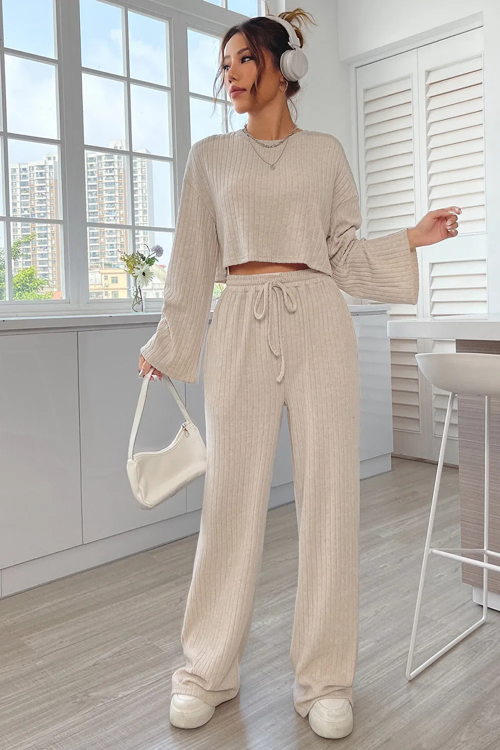 Khaki Ribbed Knit Bell Sleeve Crop Top Drawstring Pants Set