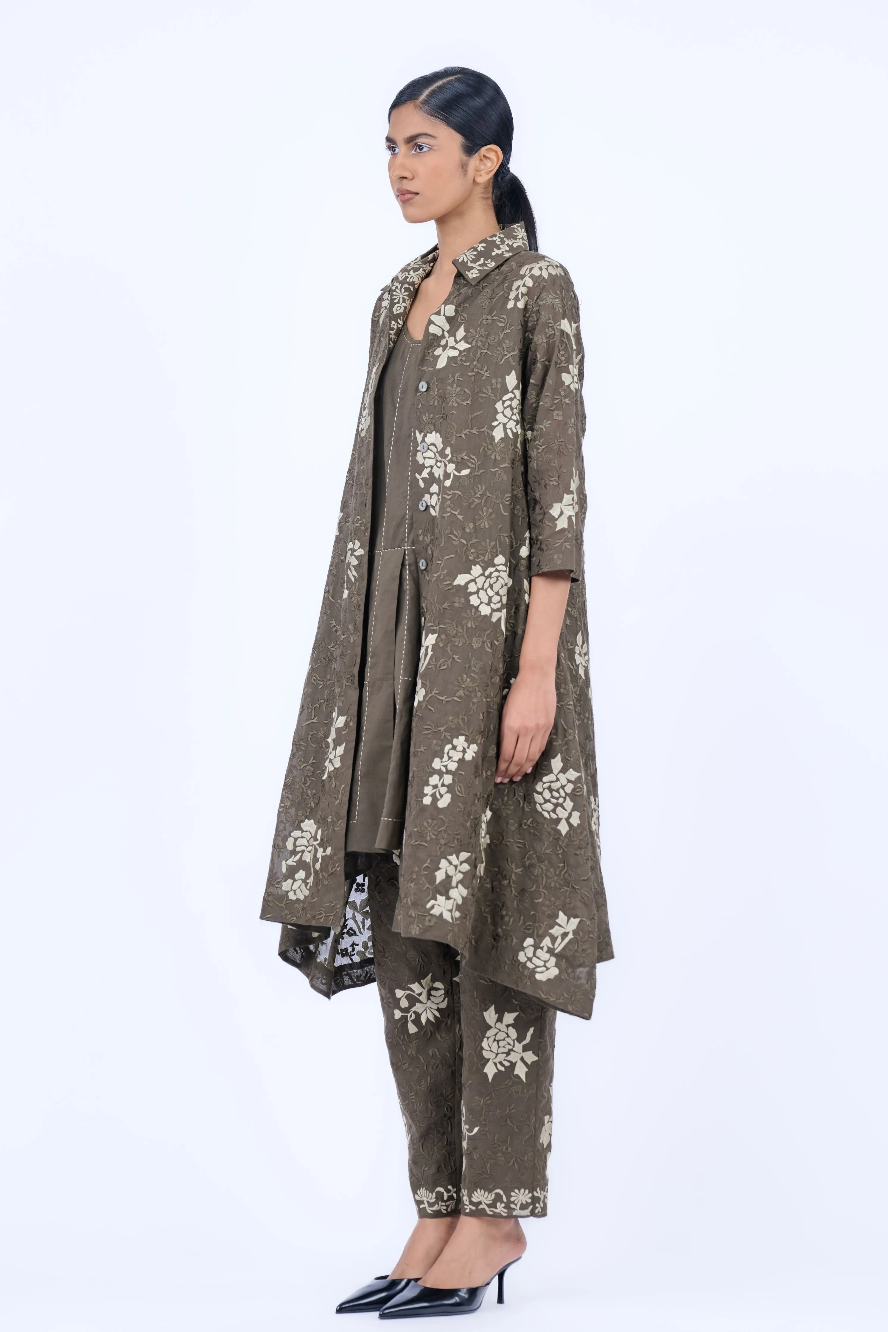Khaki Tank With Kantha Work