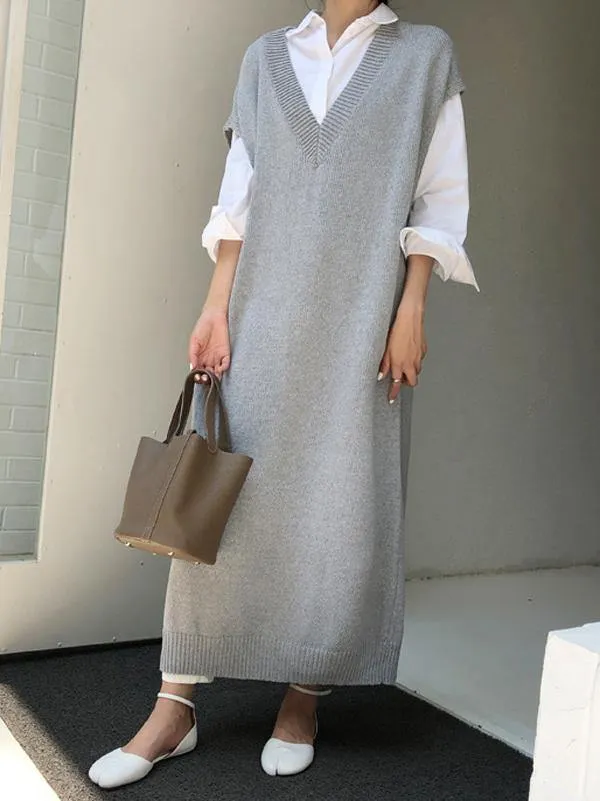 Knitting Loose V-Neck Sleeveless Long Dress