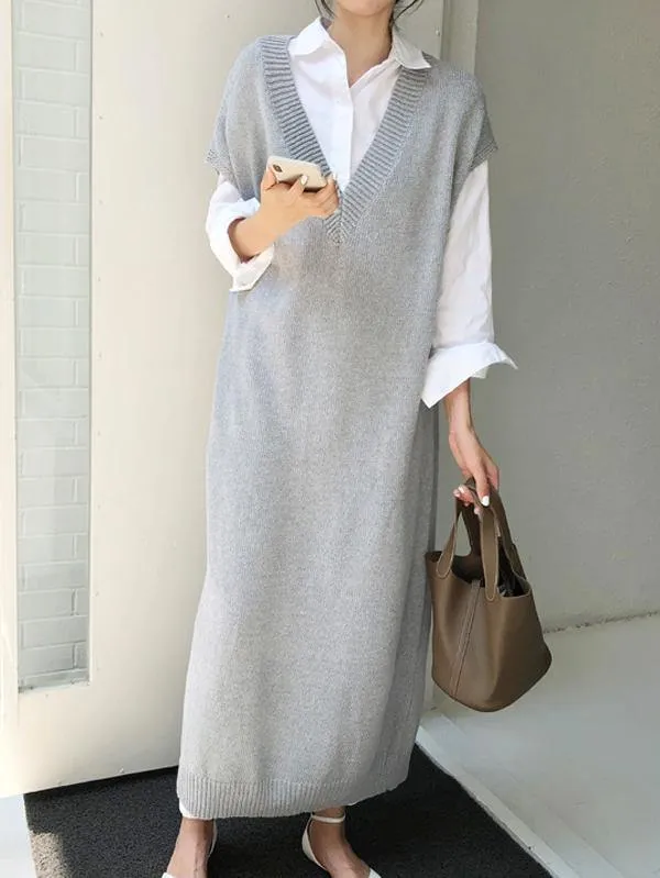 Knitting Loose V-Neck Sleeveless Long Dress