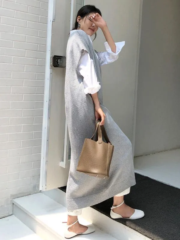Knitting Loose V-Neck Sleeveless Long Dress