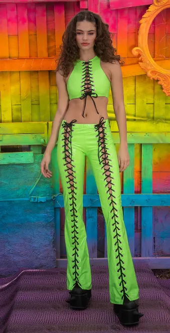 Lace-Up Flared Pants - Lime FE254