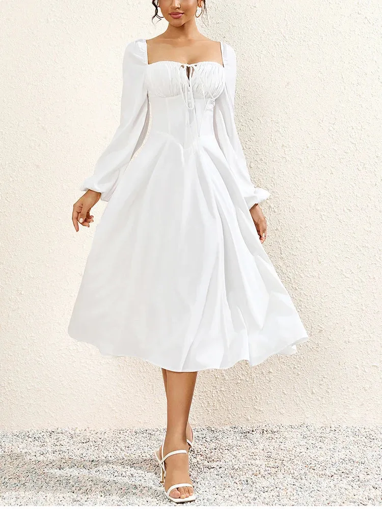 Lantern Sleeves Corset Lace Up Ruched Dress