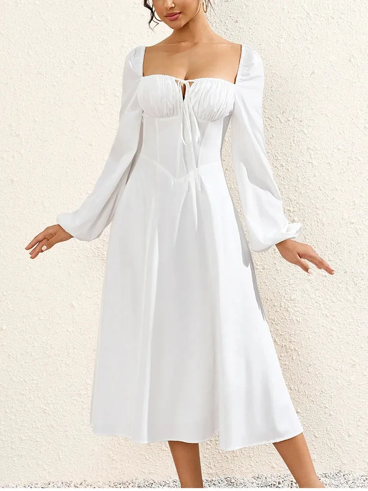 Lantern Sleeves Corset Lace Up Ruched Dress