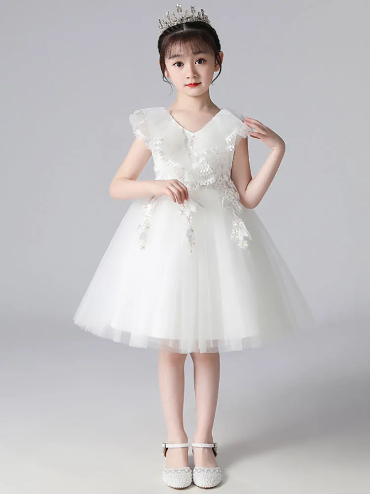 Light Sky Blue Designed Neckline Tulle Sleeveless Short A-Line Embroidered Kids Social Party Dresses