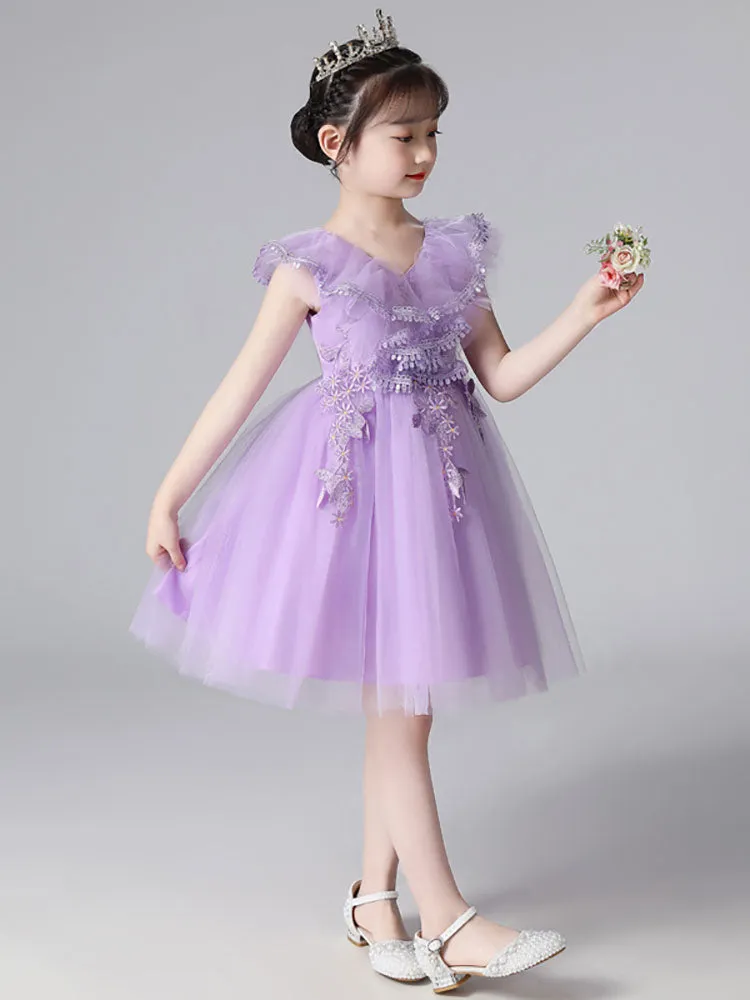 Light Sky Blue Designed Neckline Tulle Sleeveless Short A-Line Embroidered Kids Social Party Dresses