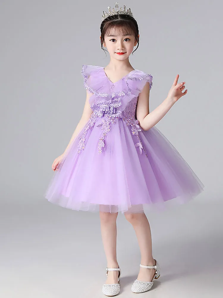 Light Sky Blue Designed Neckline Tulle Sleeveless Short A-Line Embroidered Kids Social Party Dresses