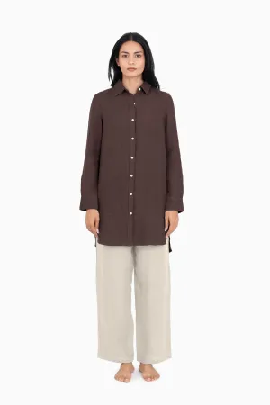 Linen Ginger Long Shirt-Brown Bean