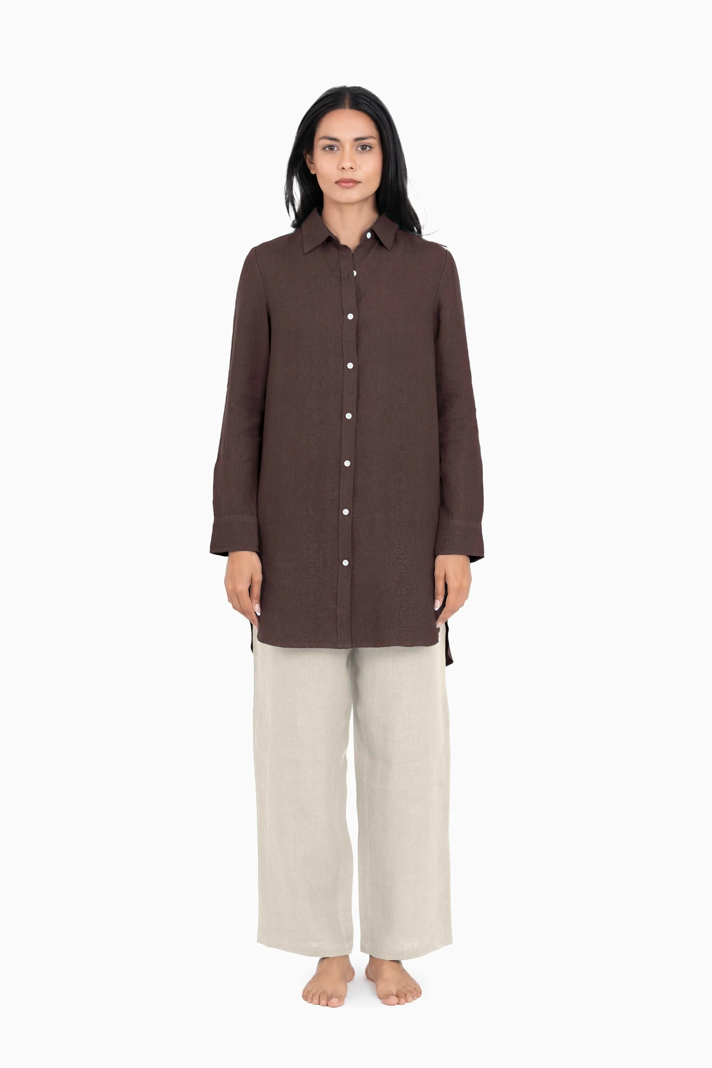Linen Ginger Long Shirt-Brown Bean