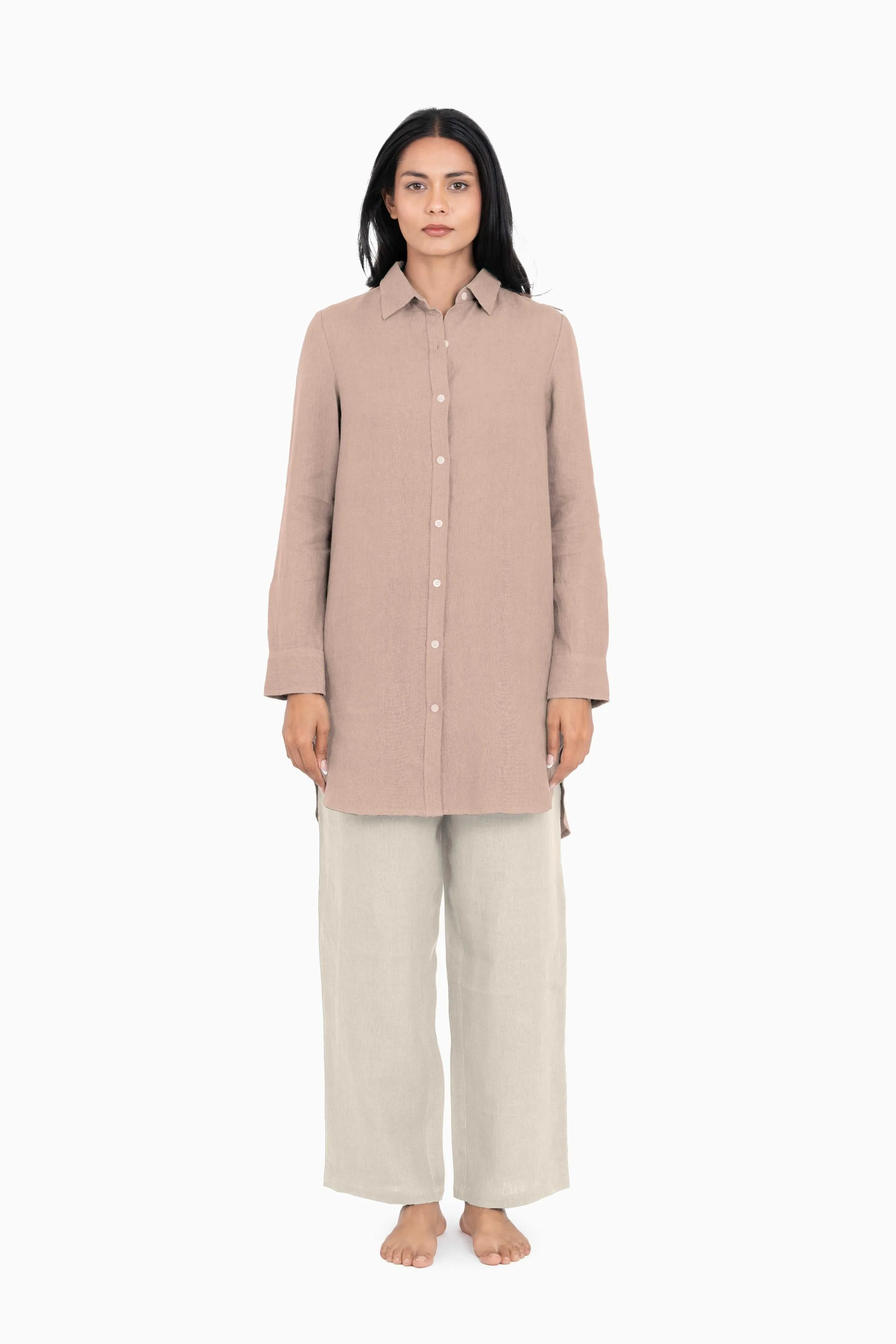 Linen Ginger Long Shirt-Brown Bean