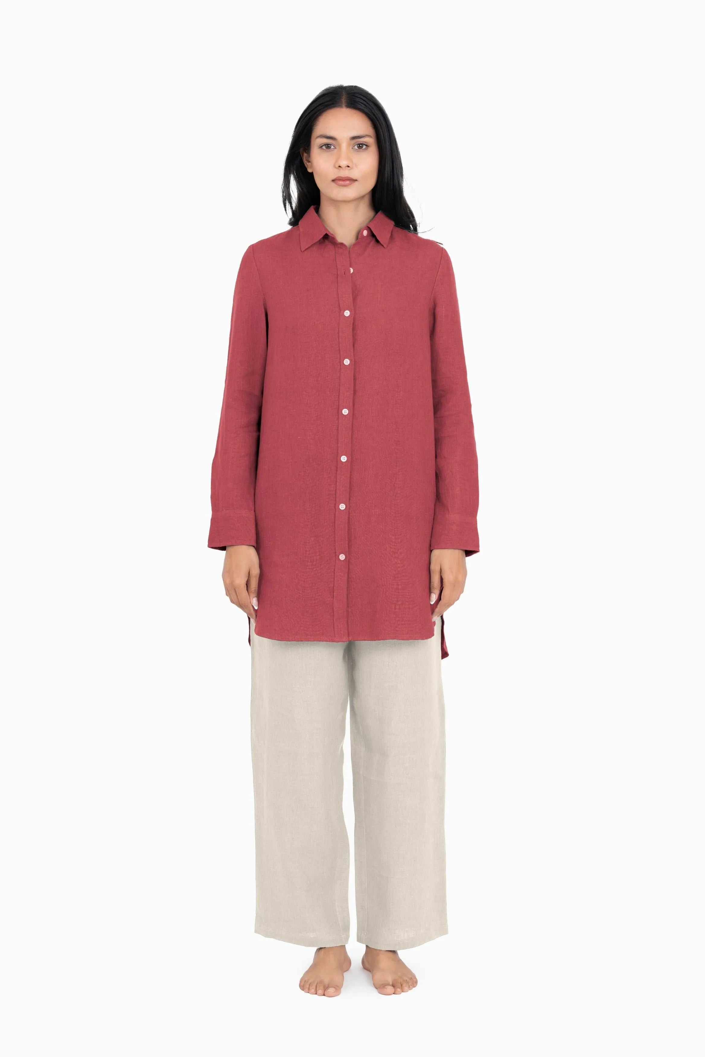 Linen Ginger Long Shirt-Brown Bean
