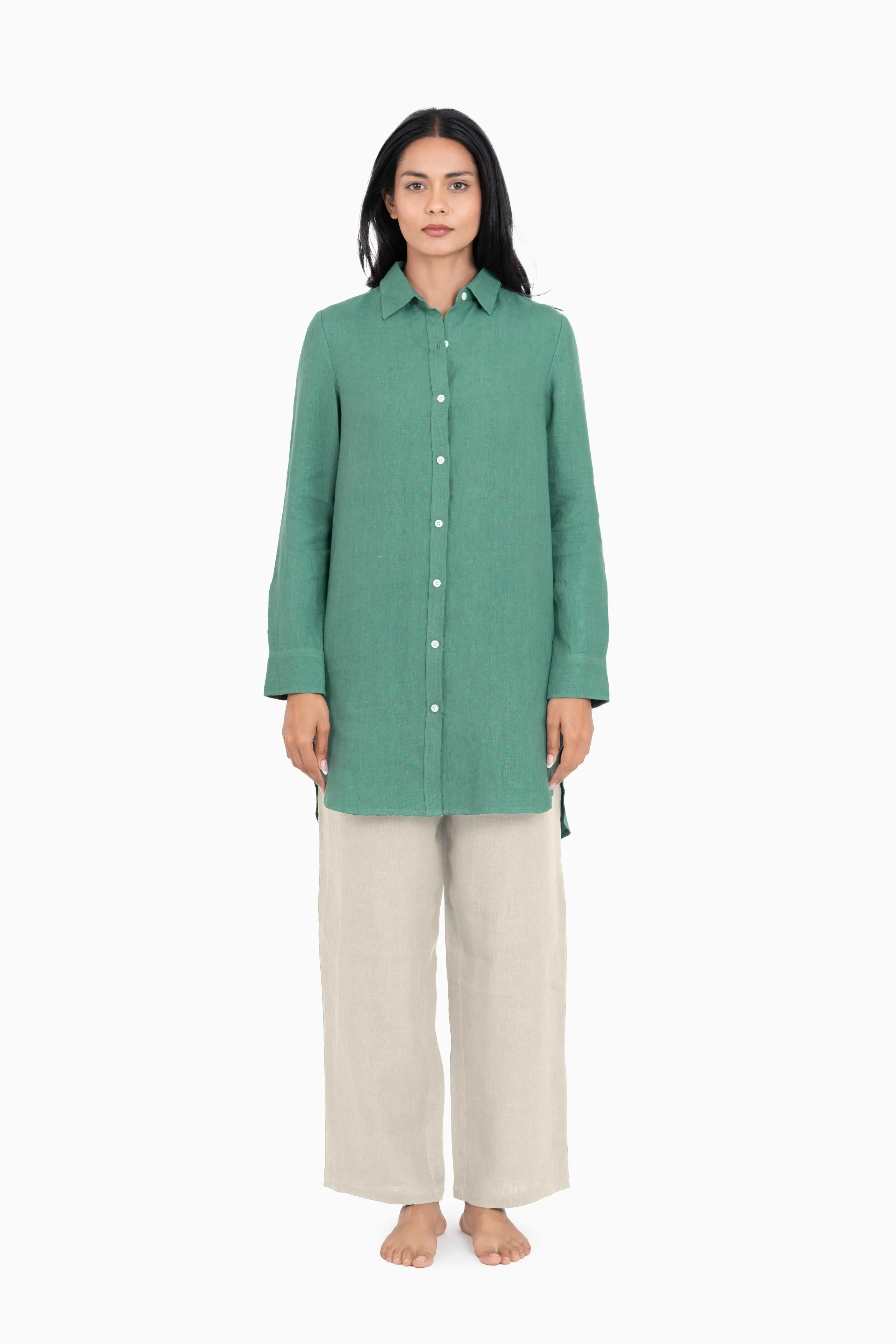 Linen Ginger Long Shirt-Brown Bean