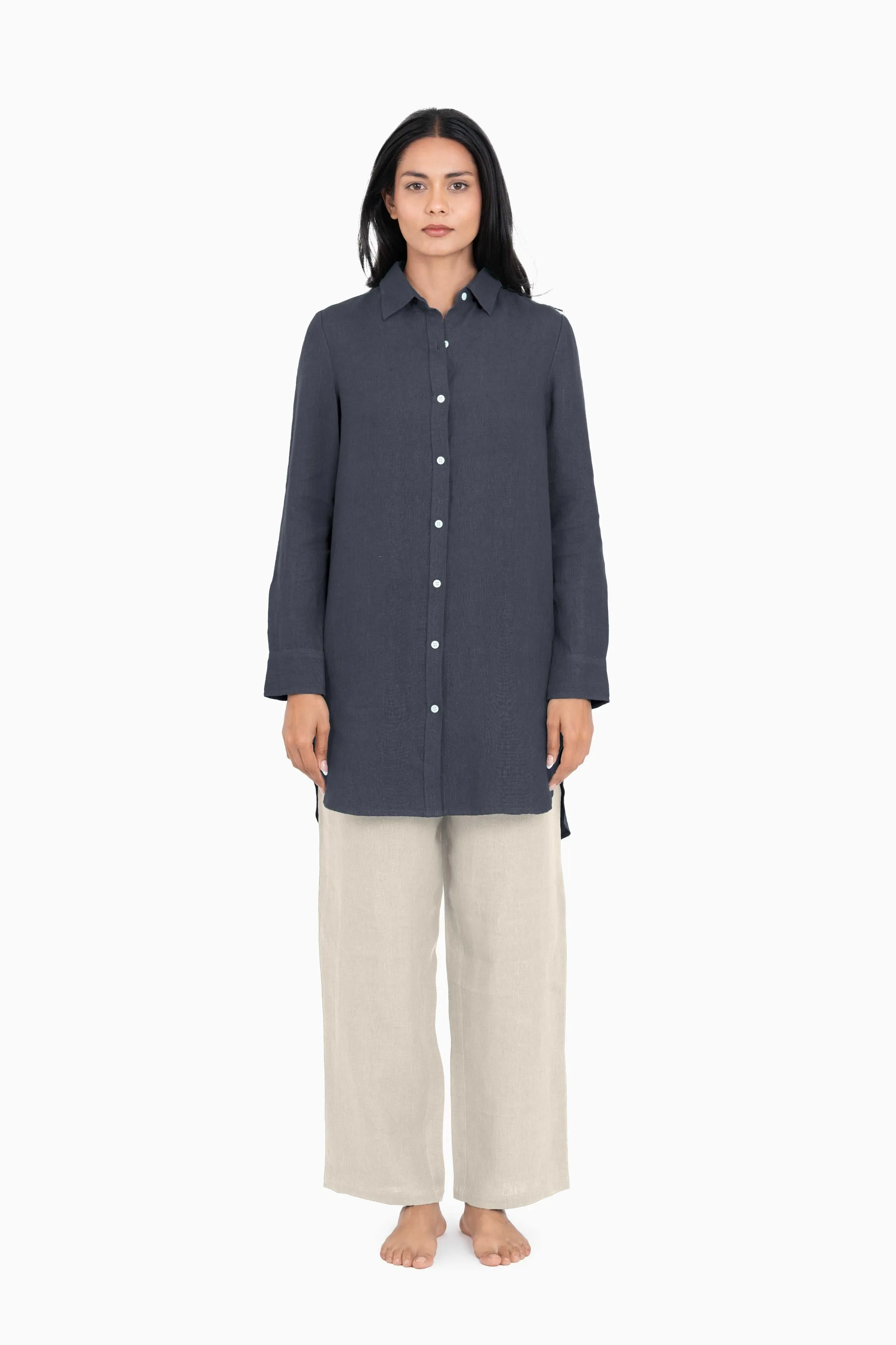 Linen Ginger Long Shirt-Brown Bean