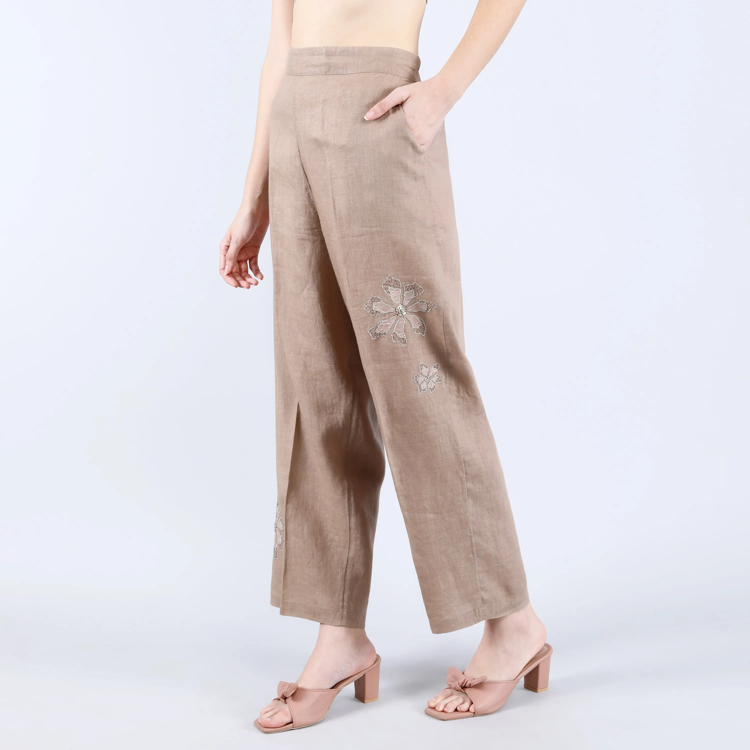 Linen Khaki Patti and Sequin Work Co-Ord Set