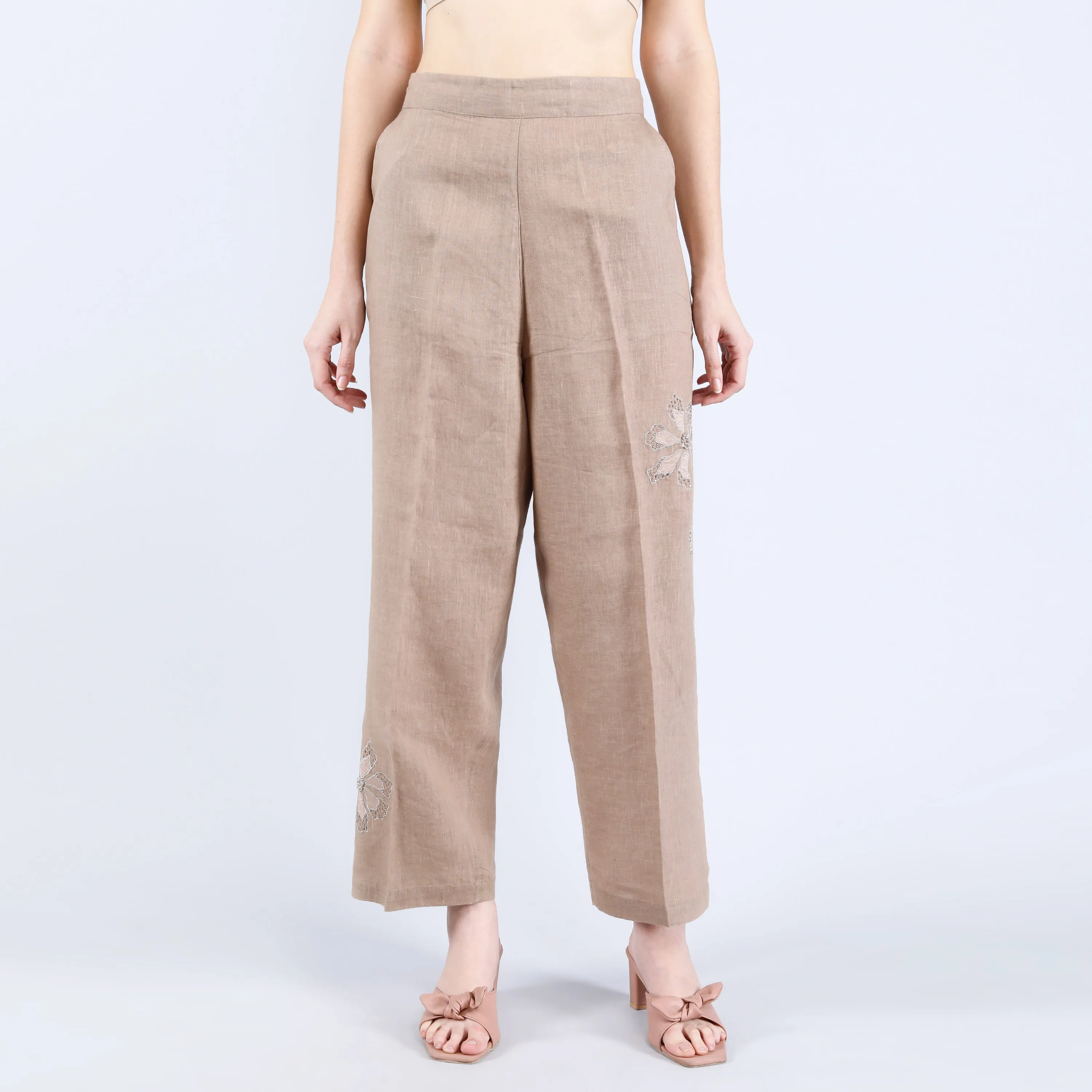 Linen Khaki Patti and Sequin Work Co-Ord Set