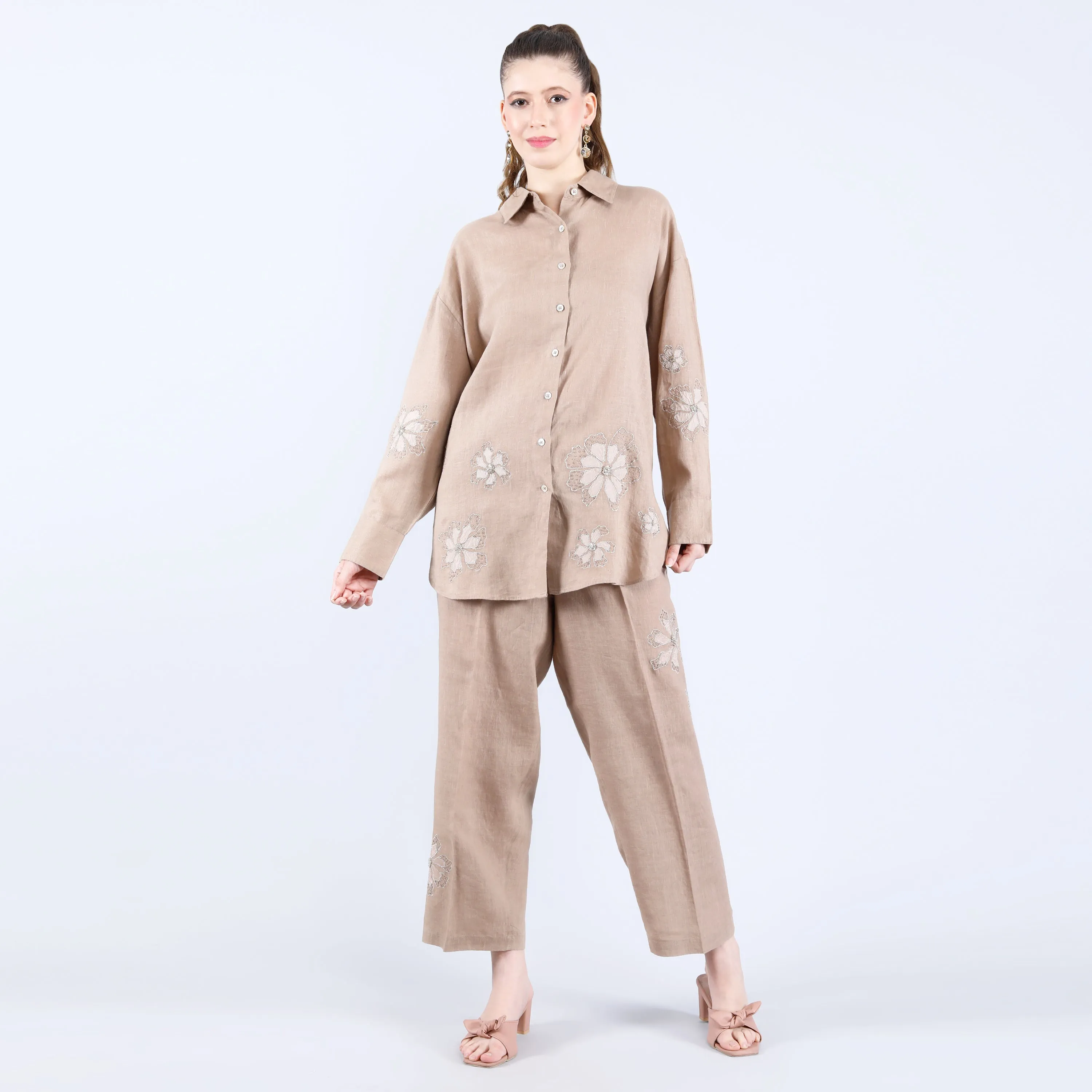 Linen Khaki Patti and Sequin Work Co-Ord Set