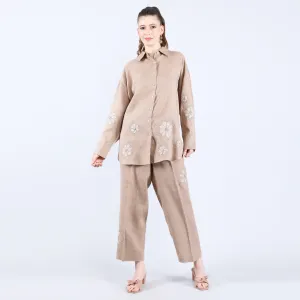 Linen Khaki Patti and Sequin Work Co-Ord Set