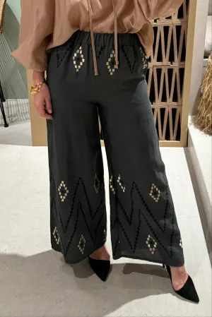 LINEN PANTS "ZIG ZAG" KHAKI/BLACK