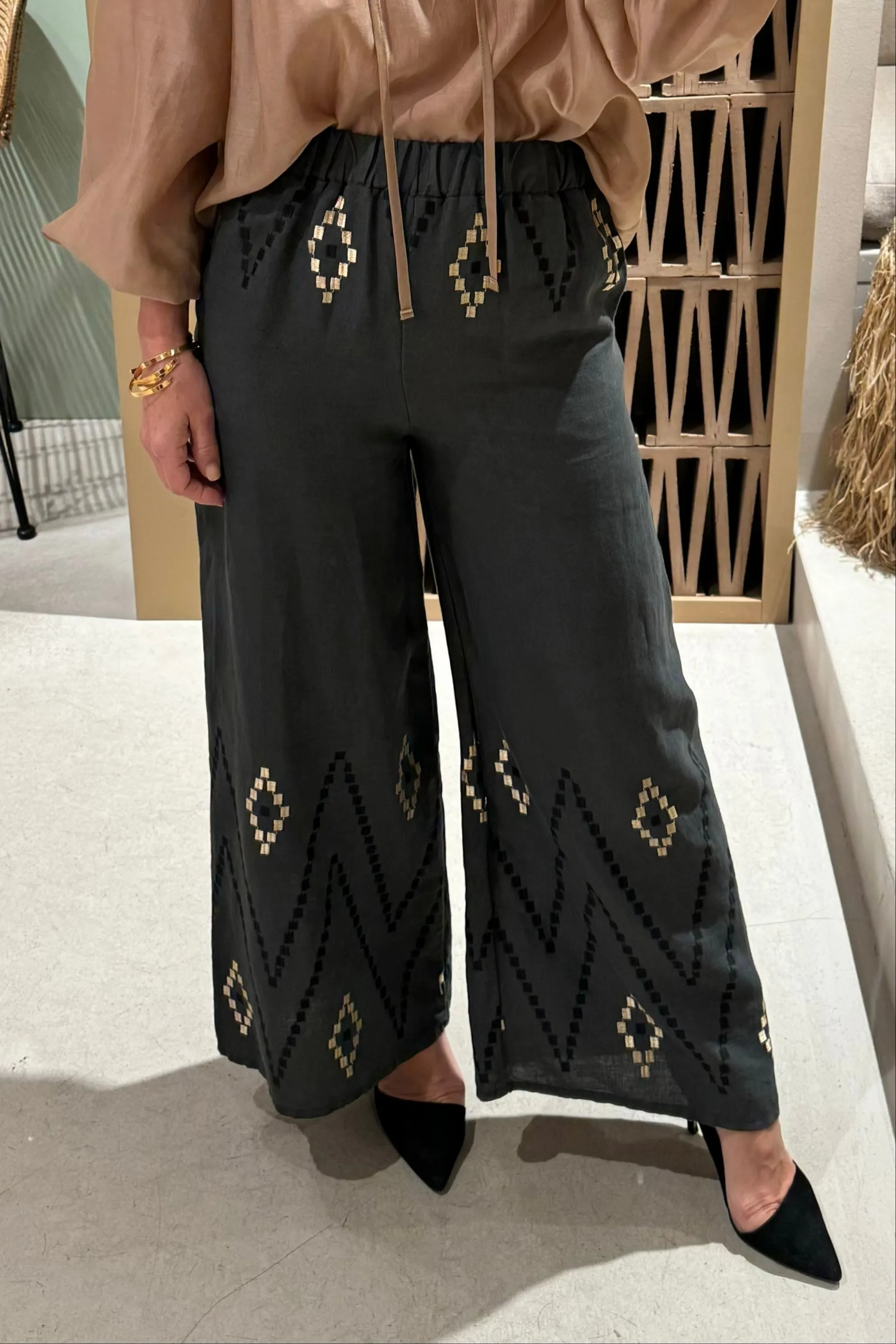 LINEN PANTS "ZIG ZAG" KHAKI/BLACK