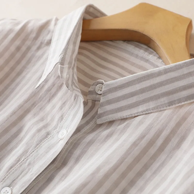 Linen Striped Women Casual Blouse