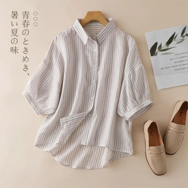 Linen Striped Women Casual Blouse