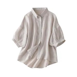 Linen Striped Women Casual Blouse