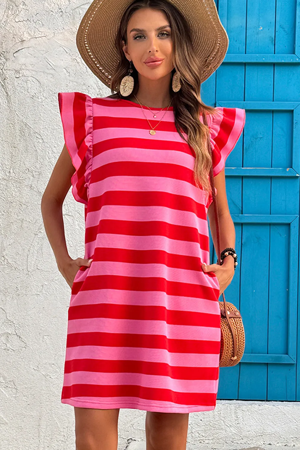 Logan, Red Stripe Flutter Sleeve Round Neck Shift Mini Dress