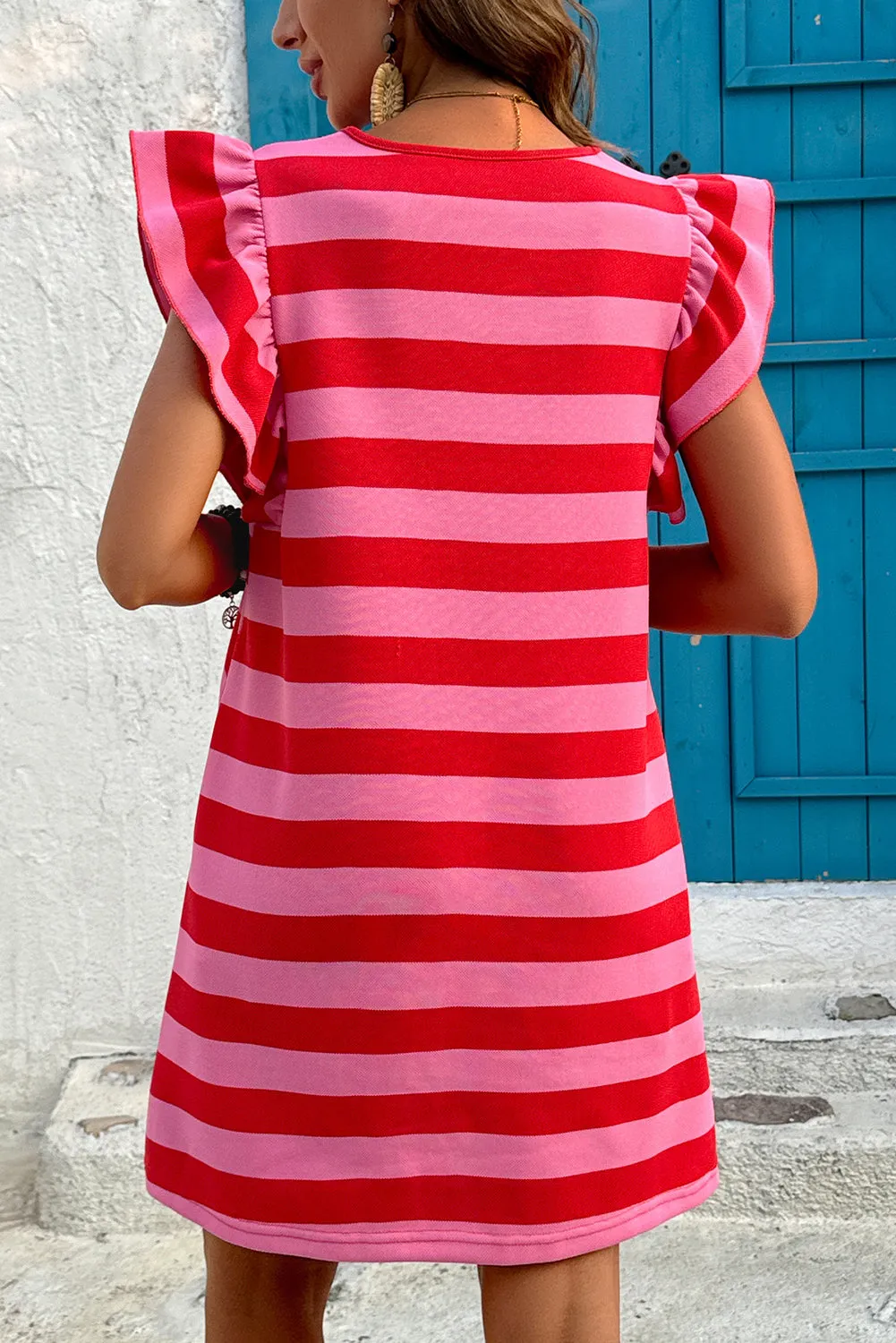 Logan, Red Stripe Flutter Sleeve Round Neck Shift Mini Dress