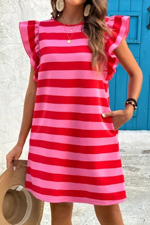 Logan, Red Stripe Flutter Sleeve Round Neck Shift Mini Dress